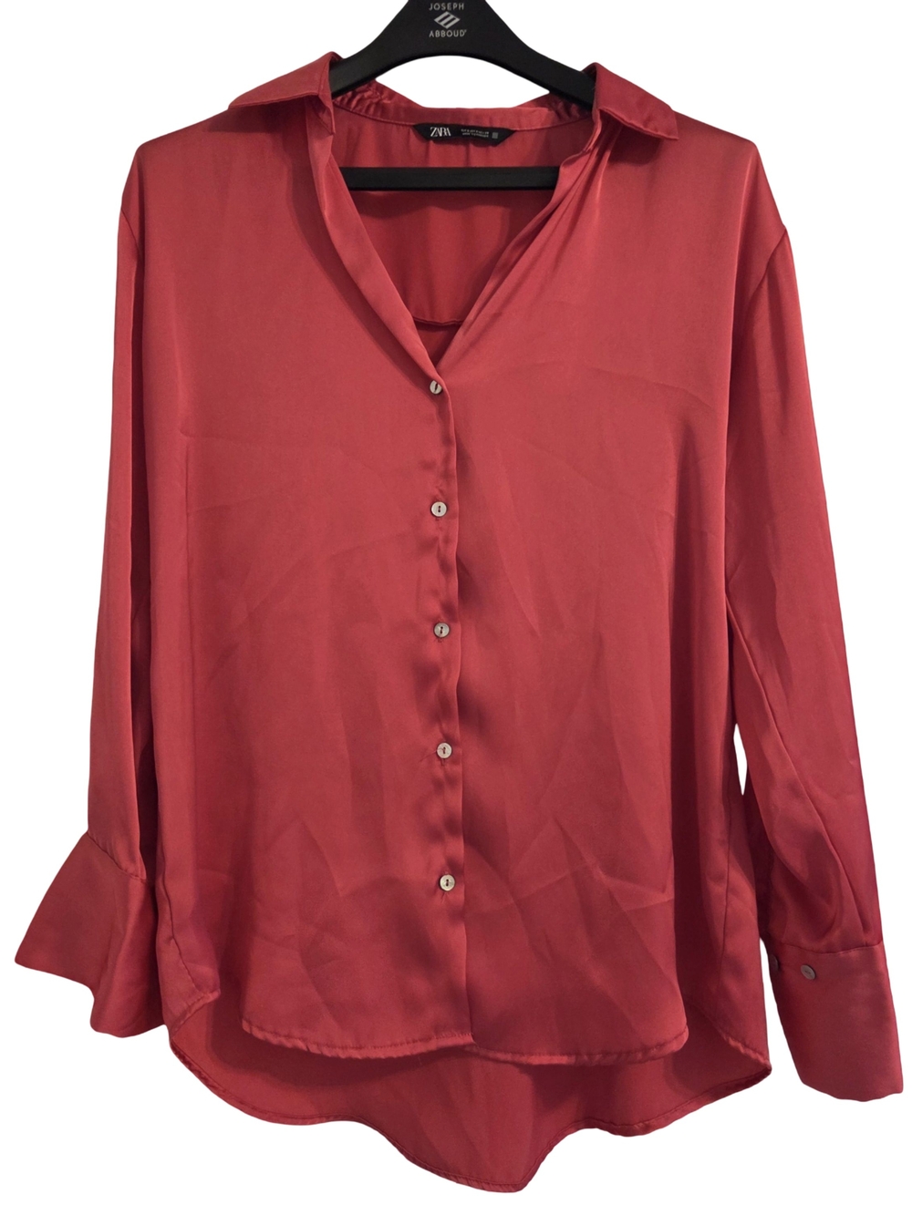 Zara Coral-Red Satin Button-Down Shirt